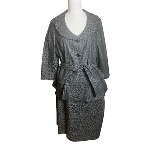 Sandro Woman Leopard 2 Piece Skirt Suit Peplum Jacket Grey Black 16W / 1X